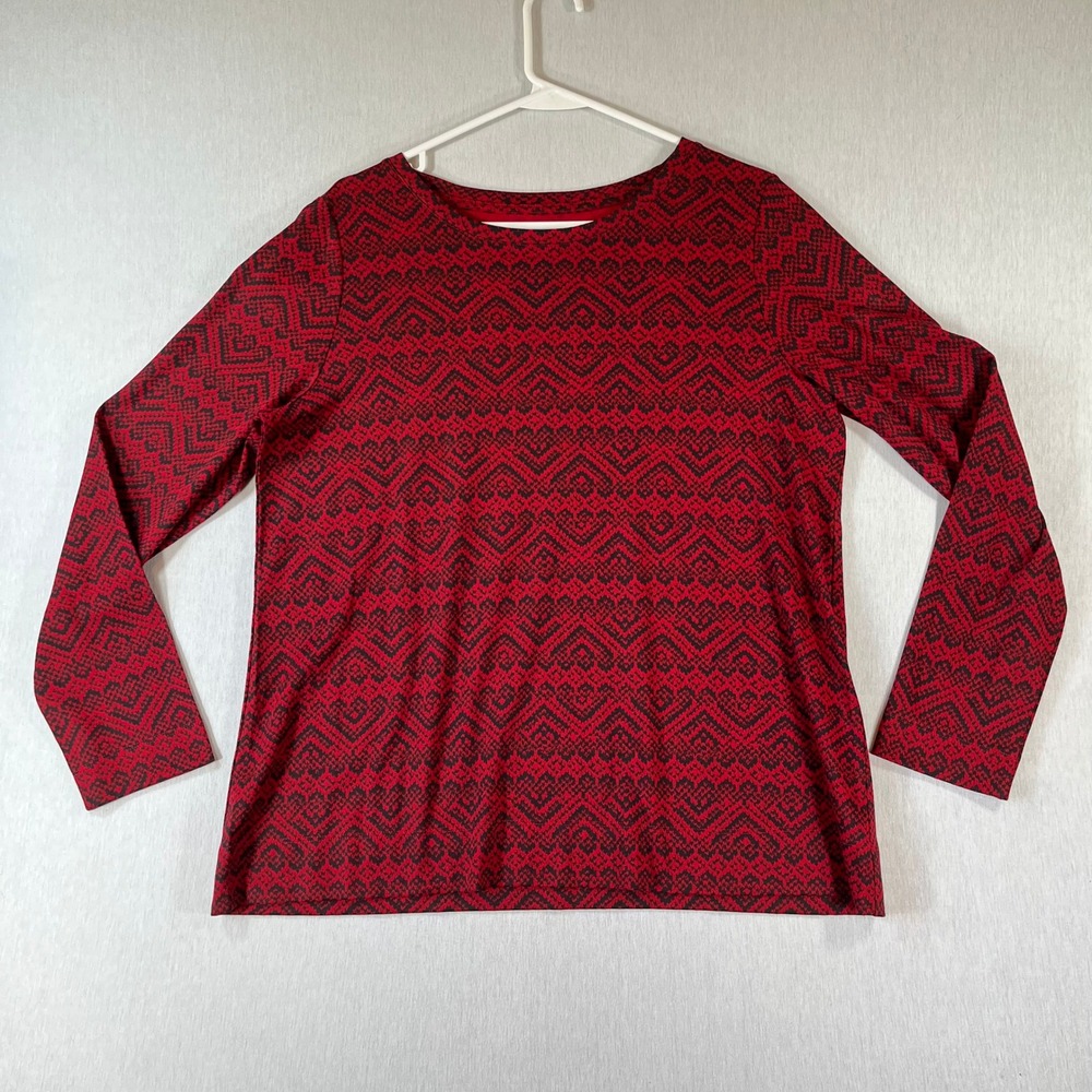 J Jill Top Large Red Black Geometric Pima Cotton Long Sleeve Crew Neck Blouse